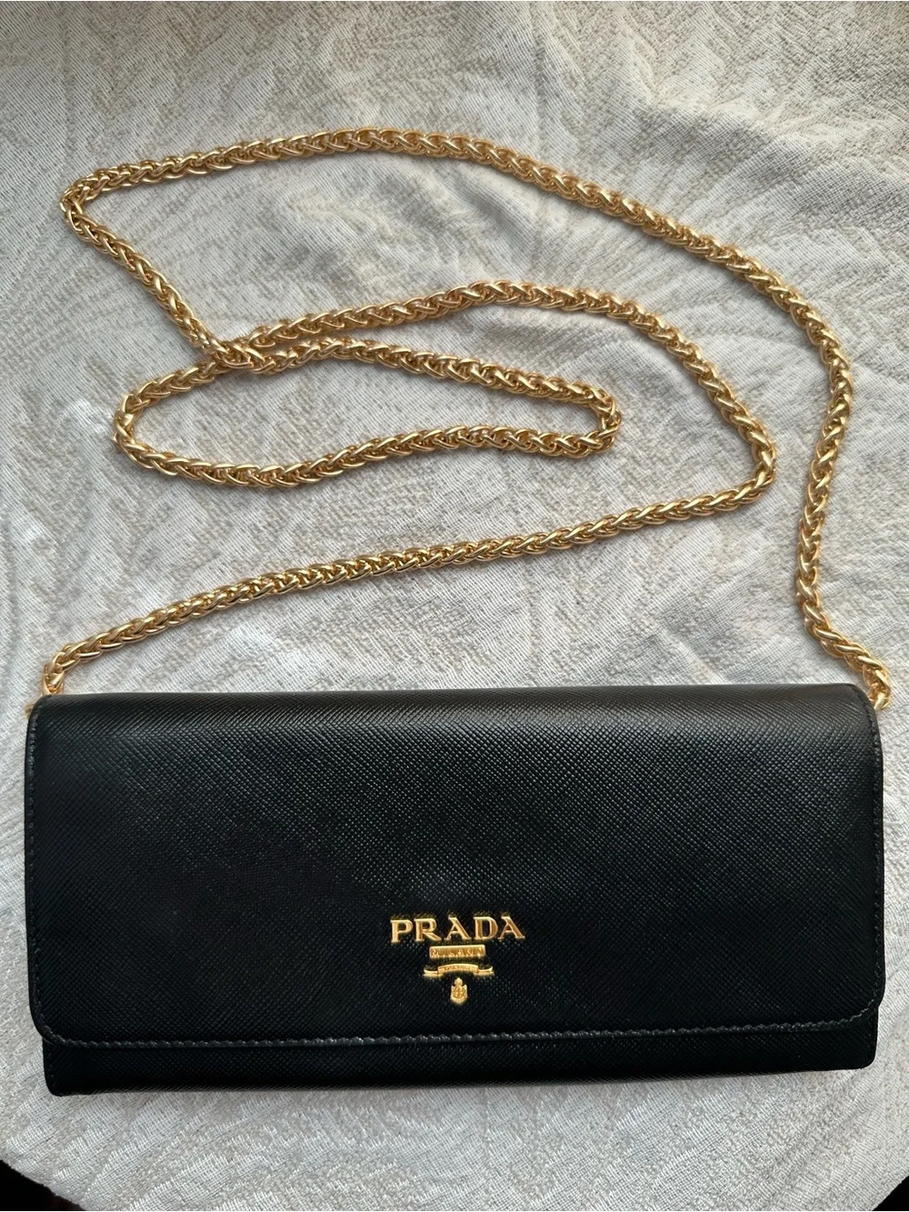 Authentic Prada Black Saffiano Leather Continental Wallet with Gold Logo
